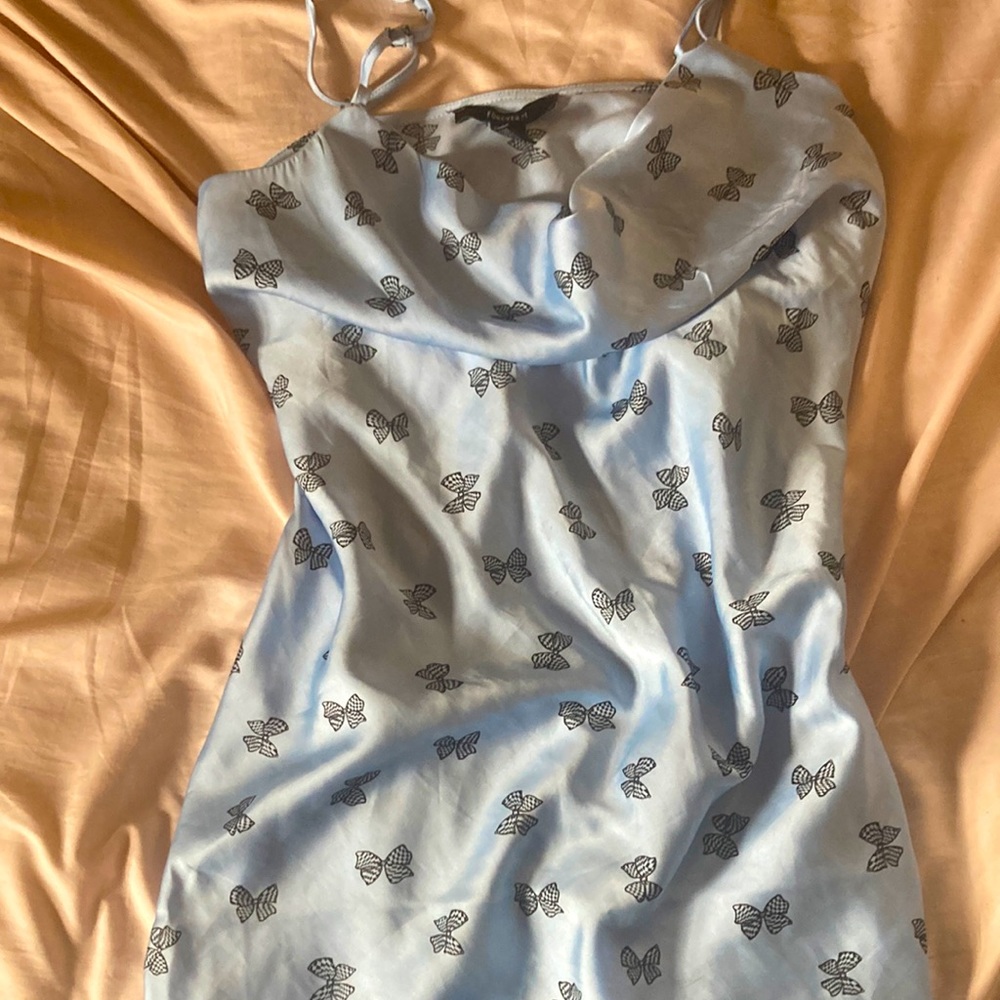 blue silk dress with butterflies
